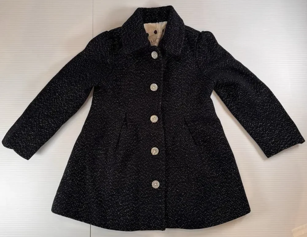 Cherokee Girls 4T Black Flecked Tweed Button Coat Jacket w/ Bow, Lined